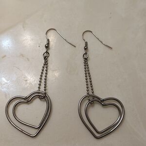 Elegant Silver Dangle Double Hearts